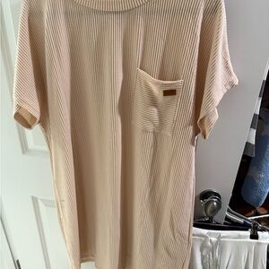 Beige Ribbed Short Sleeve Dress